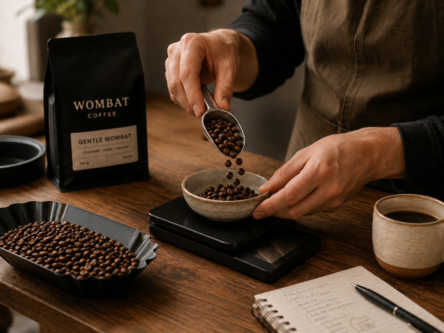 Koffiebonen zorgvuldig afwegen tijdens kleinschalig productiewerk